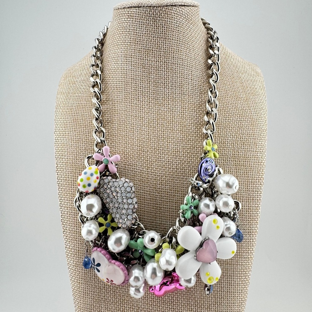 Betsey Johnson Hop To It Spring Fling Statement Necklace Pearl Heart Bunny Egg